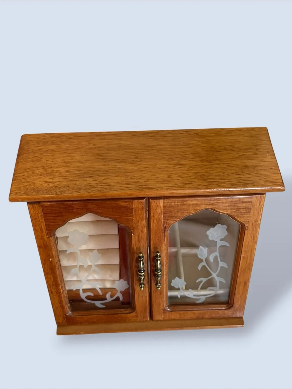 Vintage Wood Etched Glass Doors Jewelry Case Box Chest
